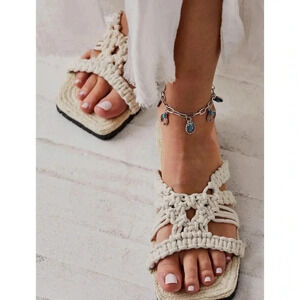 new Free People Sandri Macrame Sandals Woven Flat Slip On Shoes in Cream